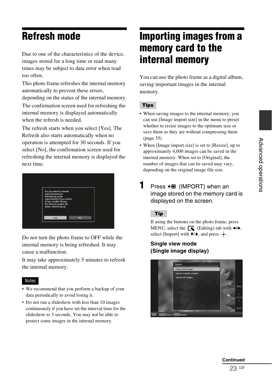 Refresh mode | Sony DPF-X85 User Manual | Page 23 / 48
