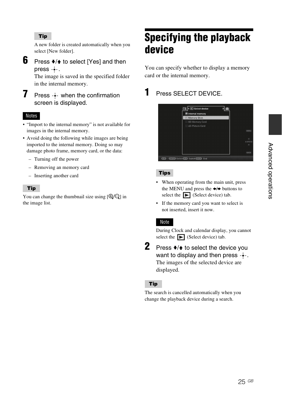 Specifying the playback device | Sony DPF-X85 User Manual | Page 25 / 48