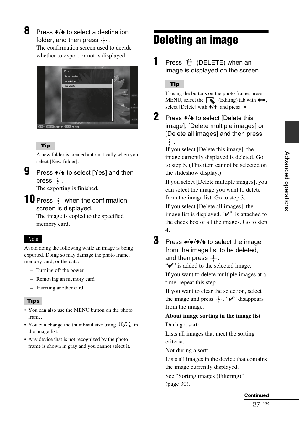 Deleting an image | Sony DPF-X85 User Manual | Page 27 / 48