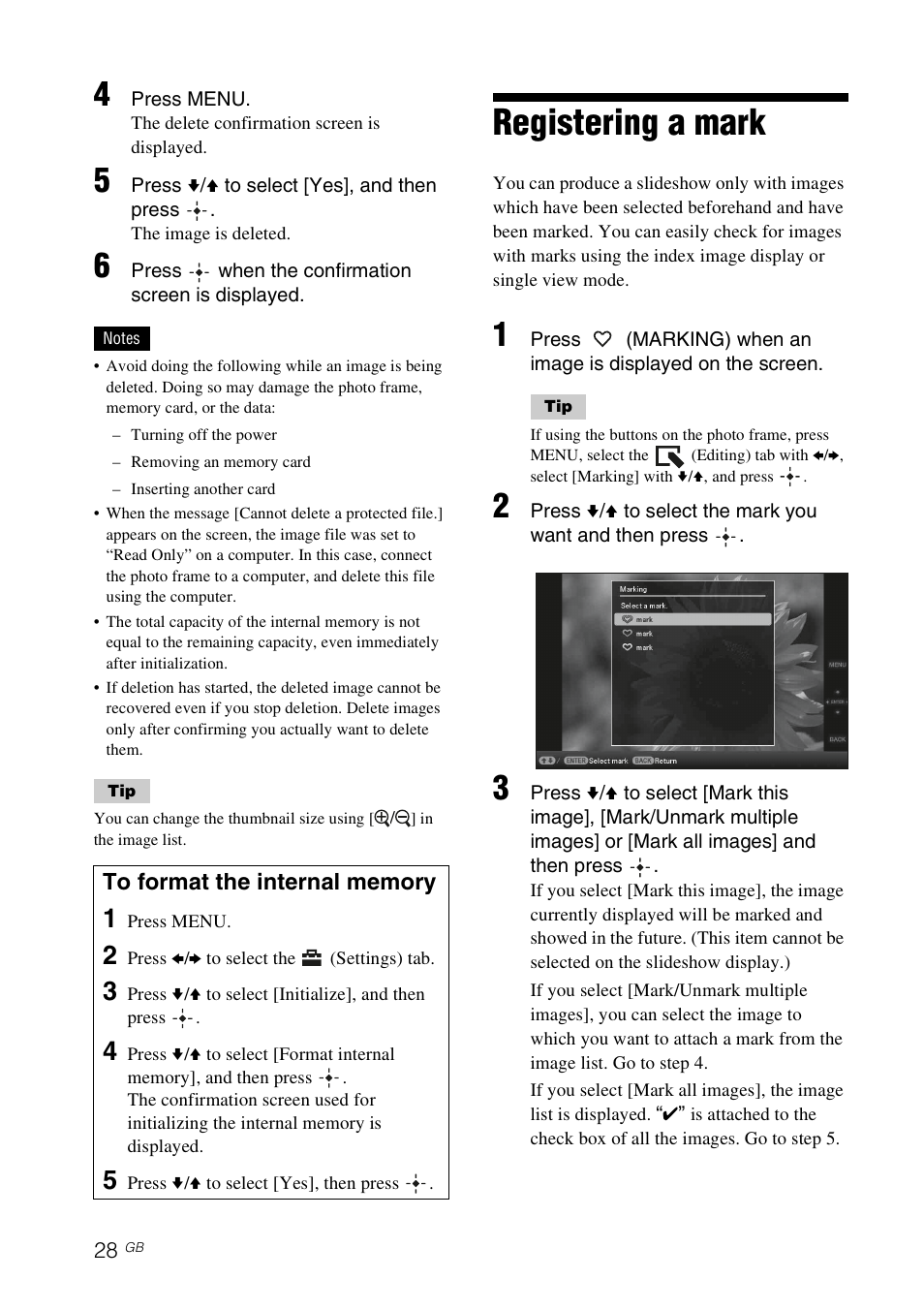 Registering a mark | Sony DPF-X85 User Manual | Page 28 / 48