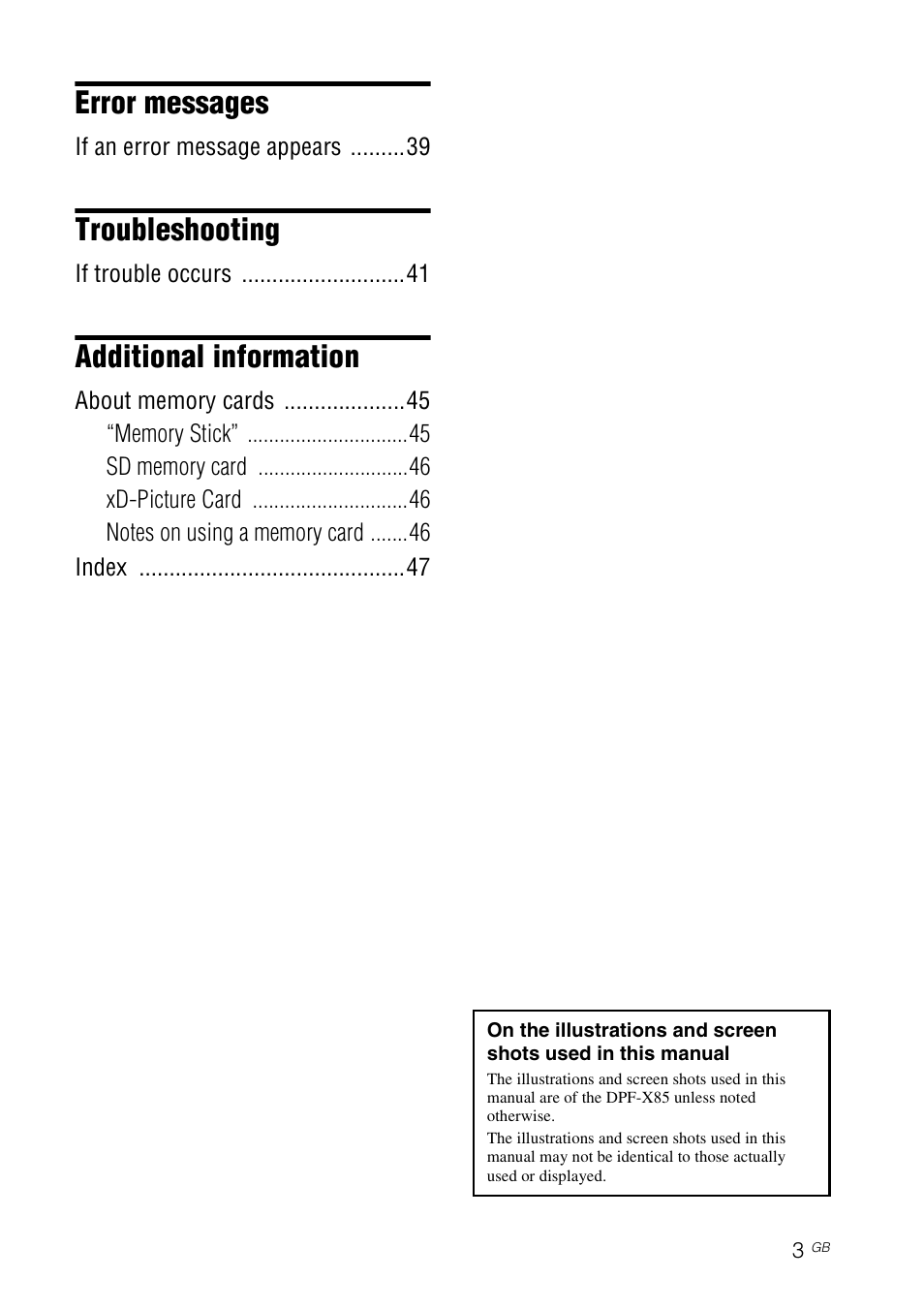 Error messages, Troubleshooting, Additional information | Sony DPF-X85 User Manual | Page 3 / 48