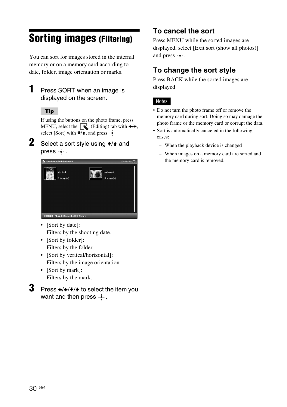 Sorting images (filtering), Sorting images, Filtering) | Sony DPF-X85 User Manual | Page 30 / 48
