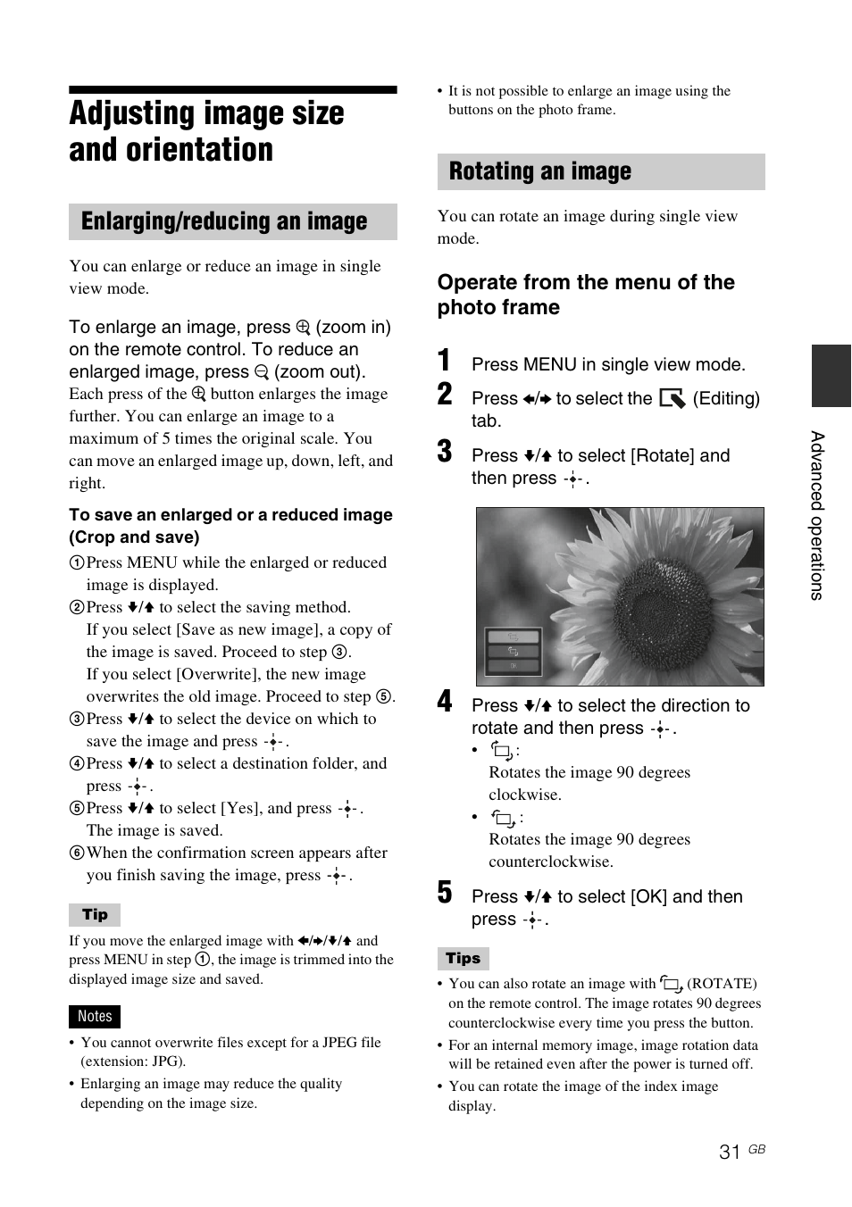 Adjusting image size and orientation, Enlarging/reducing an image, Rotating an image | Enlarging/reducing an image rotating an image, Operate from the menu of the photo frame | Sony DPF-X85 User Manual | Page 31 / 48