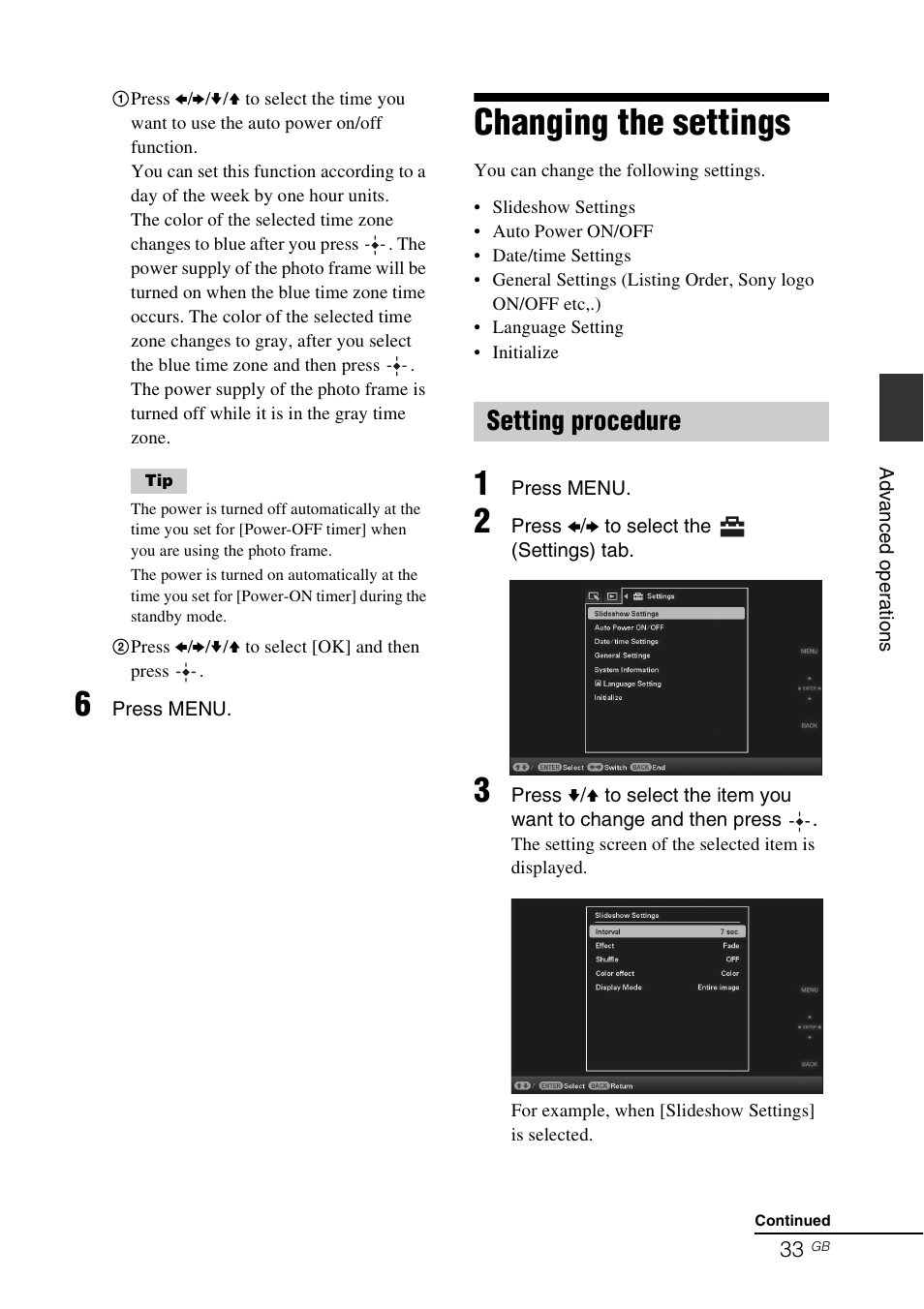 Changing the settings, Setting procedure | Sony DPF-X85 User Manual | Page 33 / 48