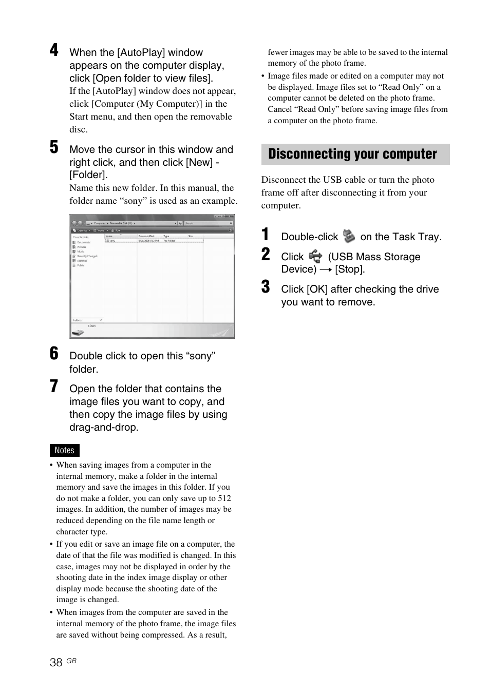 Disconnecting your computer | Sony DPF-X85 User Manual | Page 38 / 48