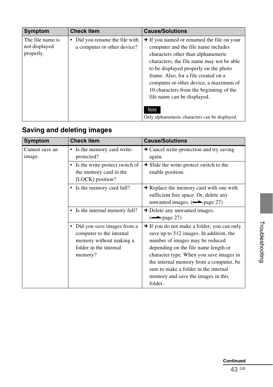 Saving and deleting images | Sony DPF-X85 User Manual | Page 43 / 48