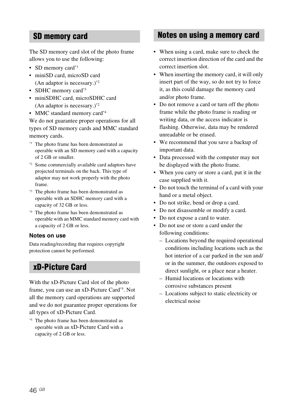 Sd memory card, Xd-picture card, Notes on using a memory card | Sony DPF-X85 User Manual | Page 46 / 48