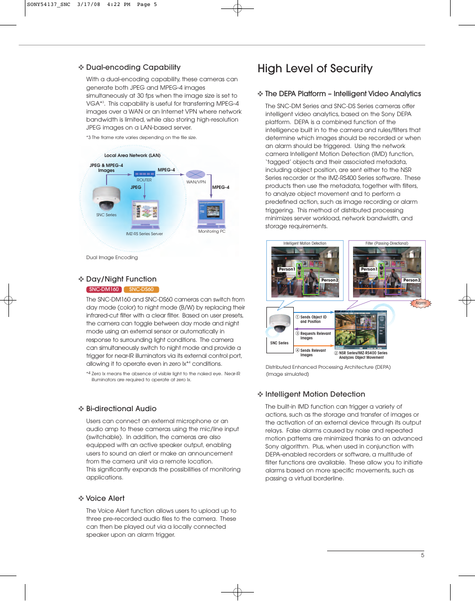 High level of security, Dual-encoding capability, Day/night function | Bi-directional audio, Voice alert, The depa platform – intelligent video analytics, Intelligent motion detection | Sony SNC-DM110 User Manual | Page 5 / 8