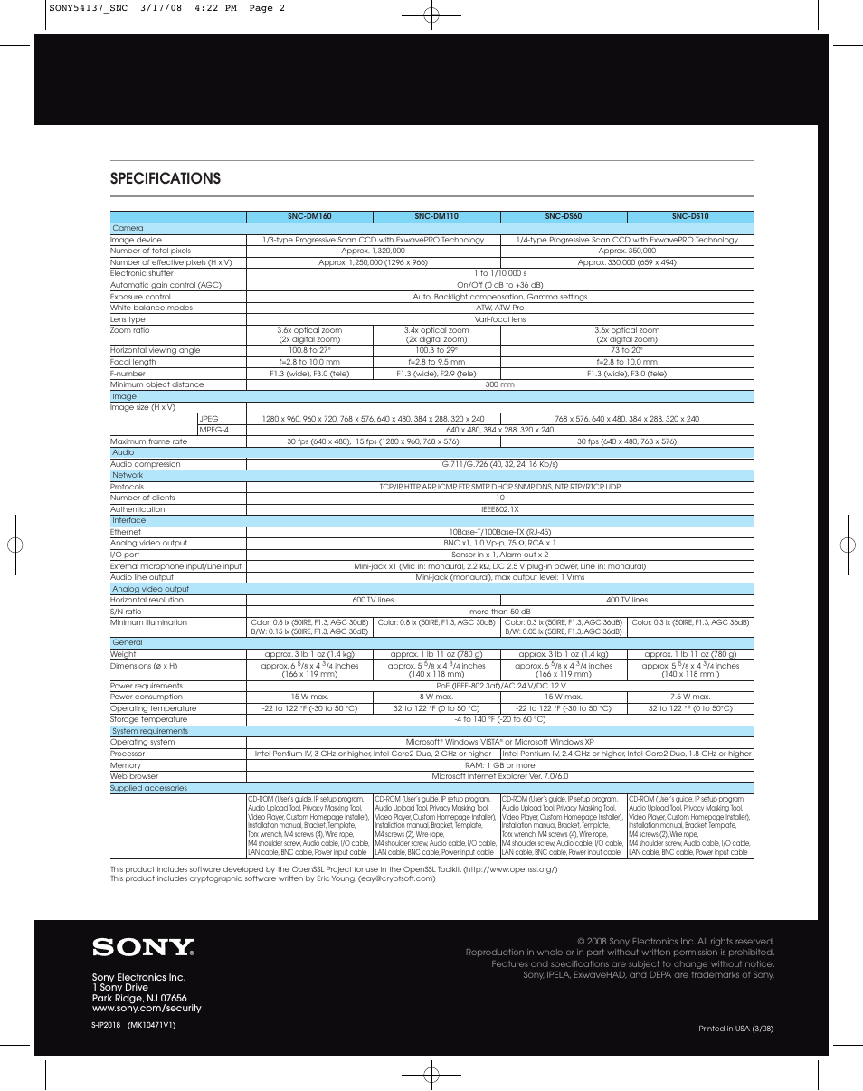 Specifications | Sony SNC-DM110 User Manual | Page 8 / 8