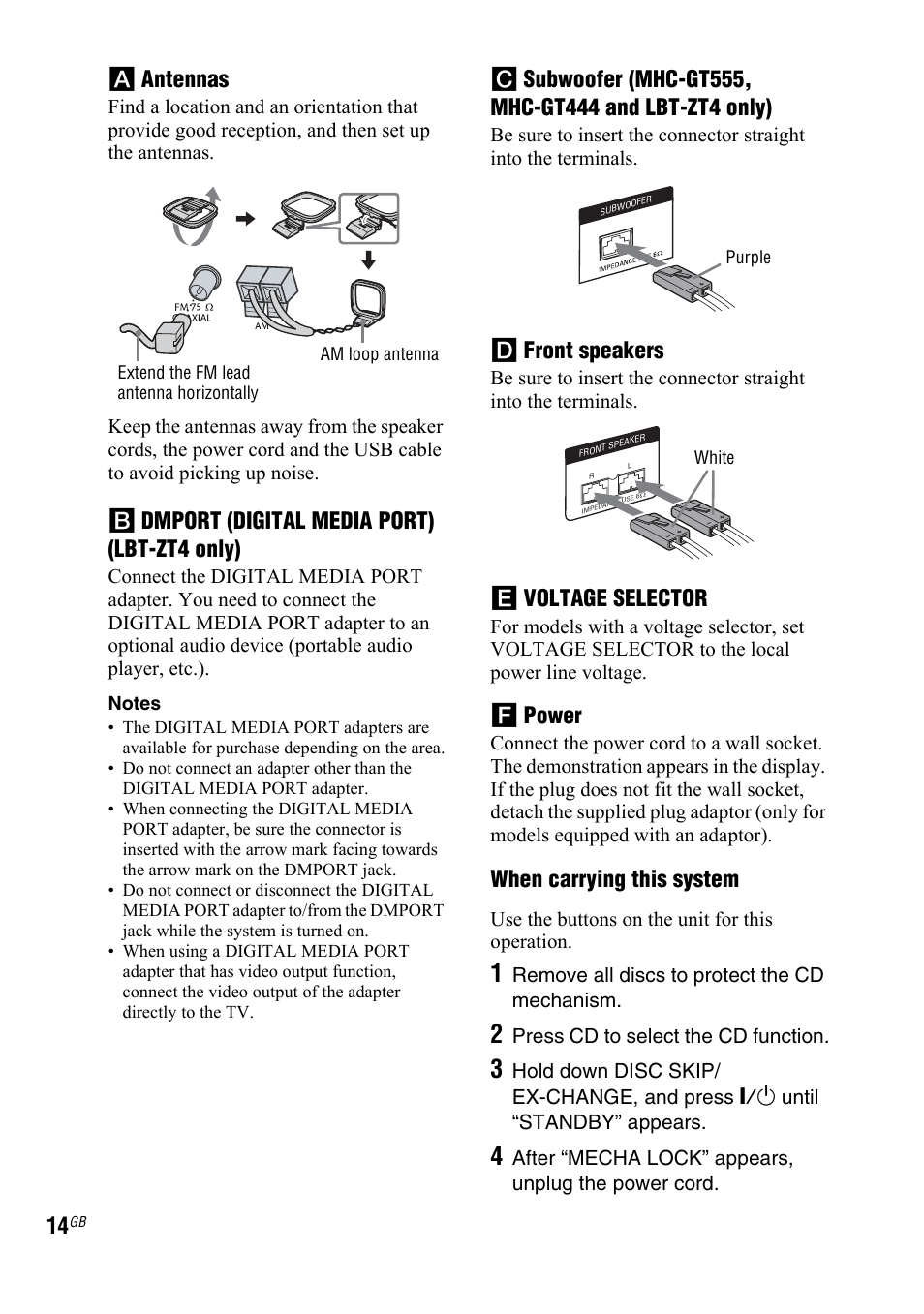 A antennas, B dmport (digital media port) (lbt-zt4 only), D front speakers | E voltage selector, F power, When carrying this system | Sony 3-287-077-14(2) User Manual | Page 14 / 48