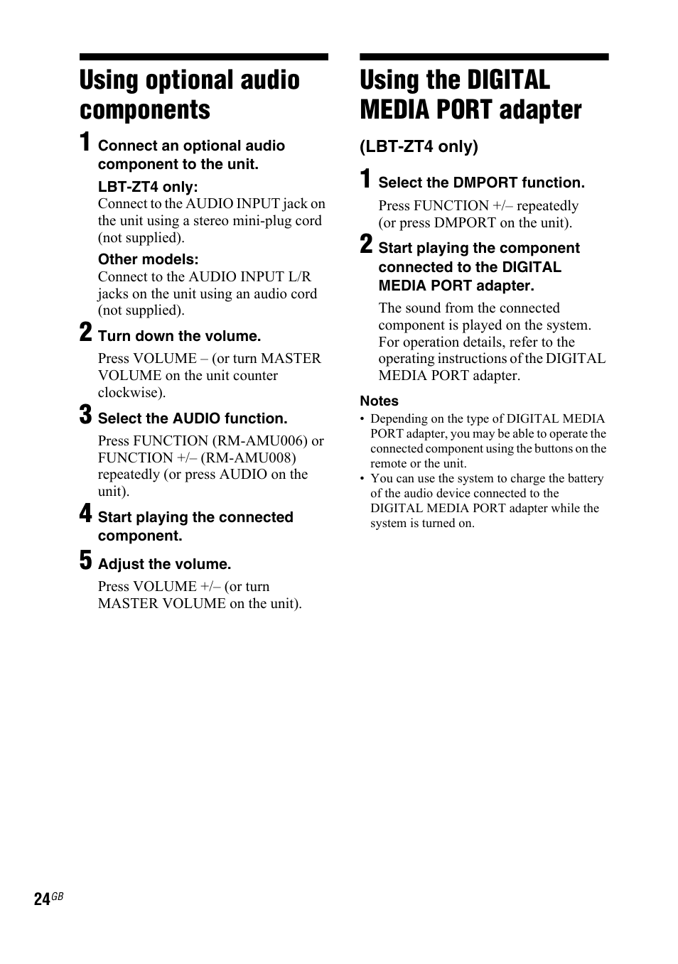 Using optional audio components, Using the digital media port adapter, Lbt-zt4 only) | Using optional audio, Components, Using the digital media, Port adapter (lbt-zt4 only), Using optional audio components 1 | Sony 3-287-077-14(2) User Manual | Page 24 / 48