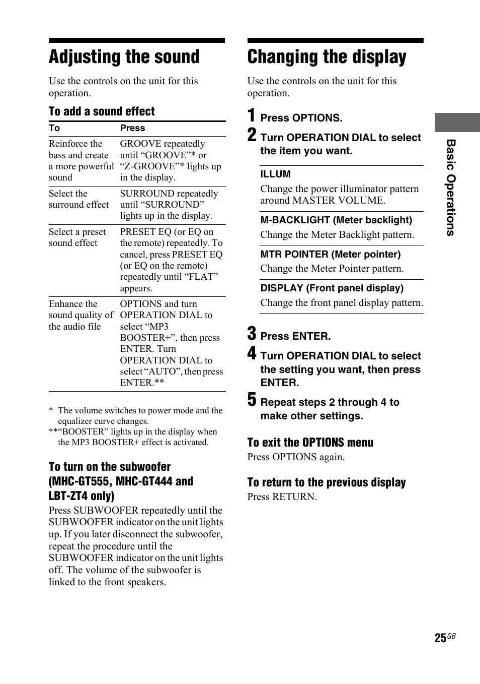 Adjusting the sound, Changing the display, Adjusting the sound changing the display | Sony 3-287-077-14(2) User Manual | Page 25 / 48