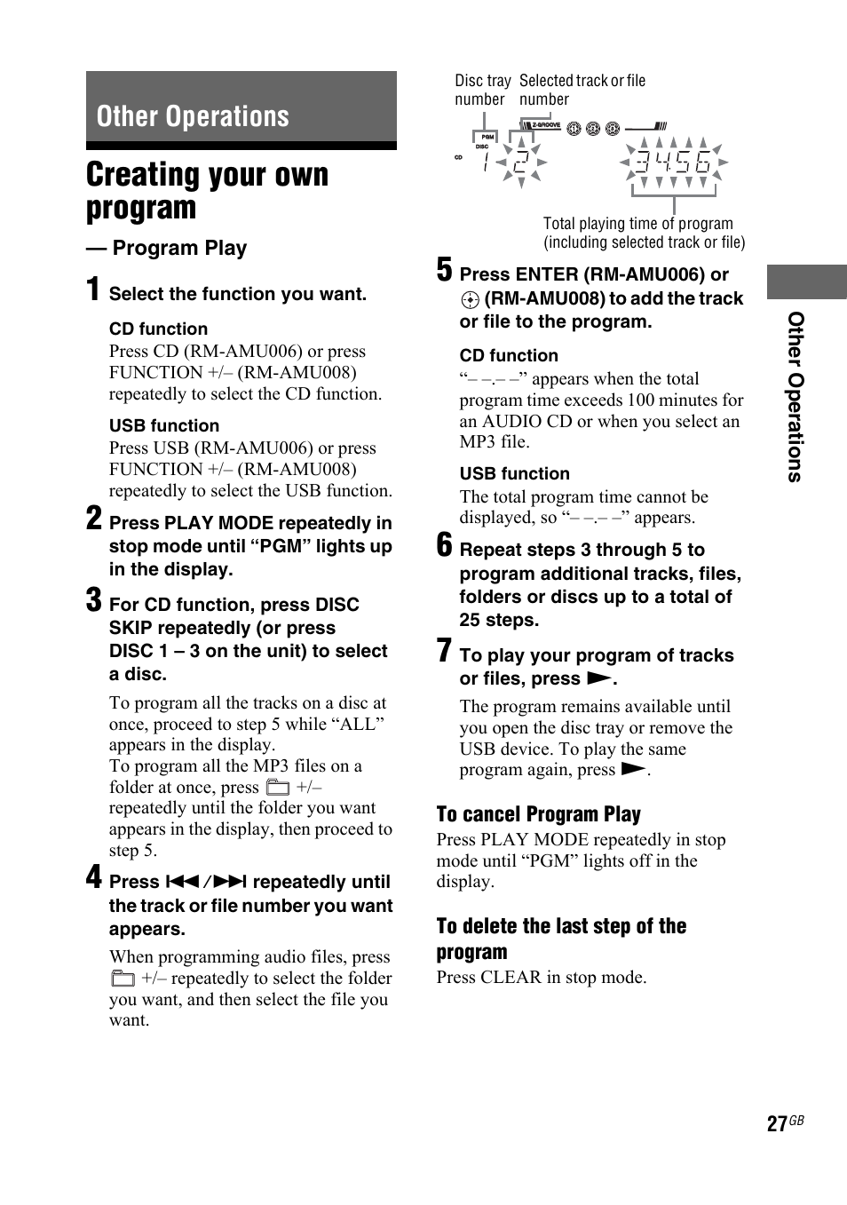 Other operations, Creating your own program, Program play | Program | Sony 3-287-077-14(2) User Manual | Page 27 / 48