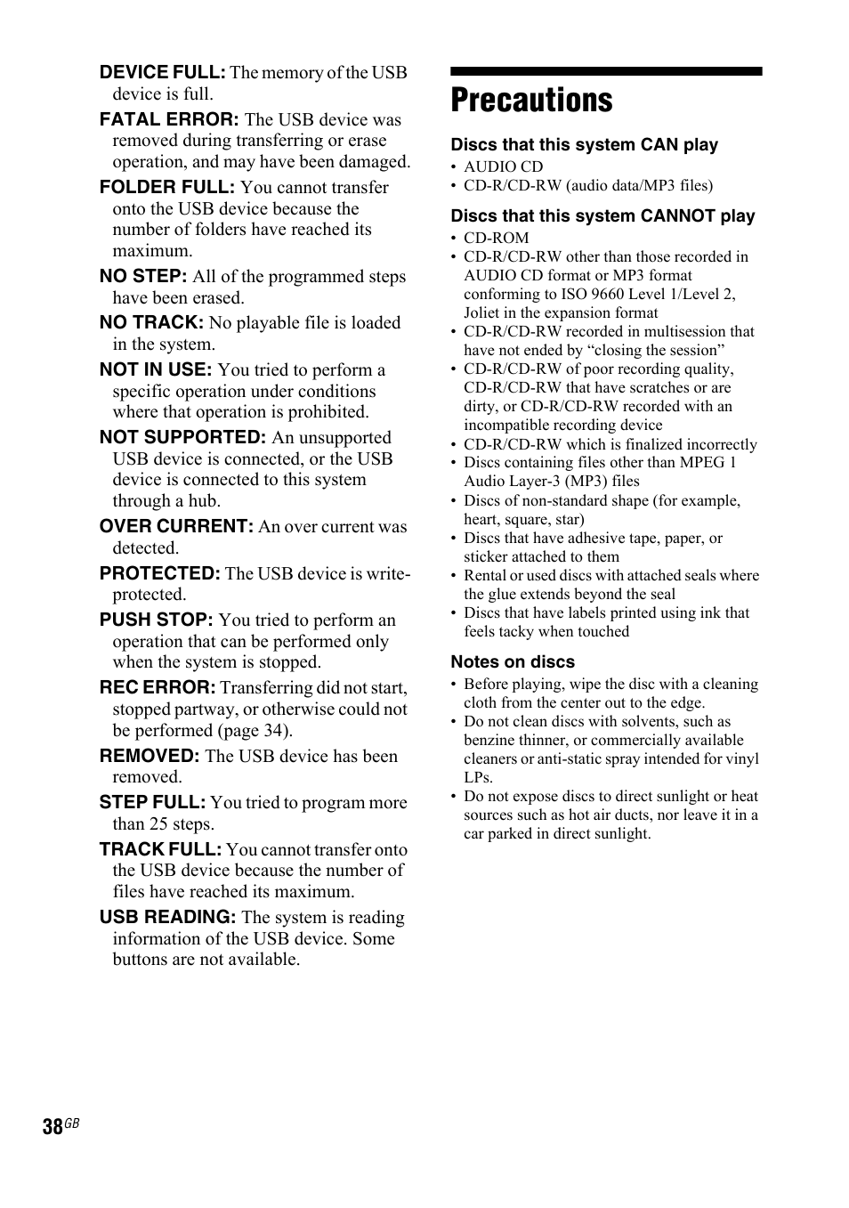 Precautions | Sony 3-287-077-14(2) User Manual | Page 38 / 48