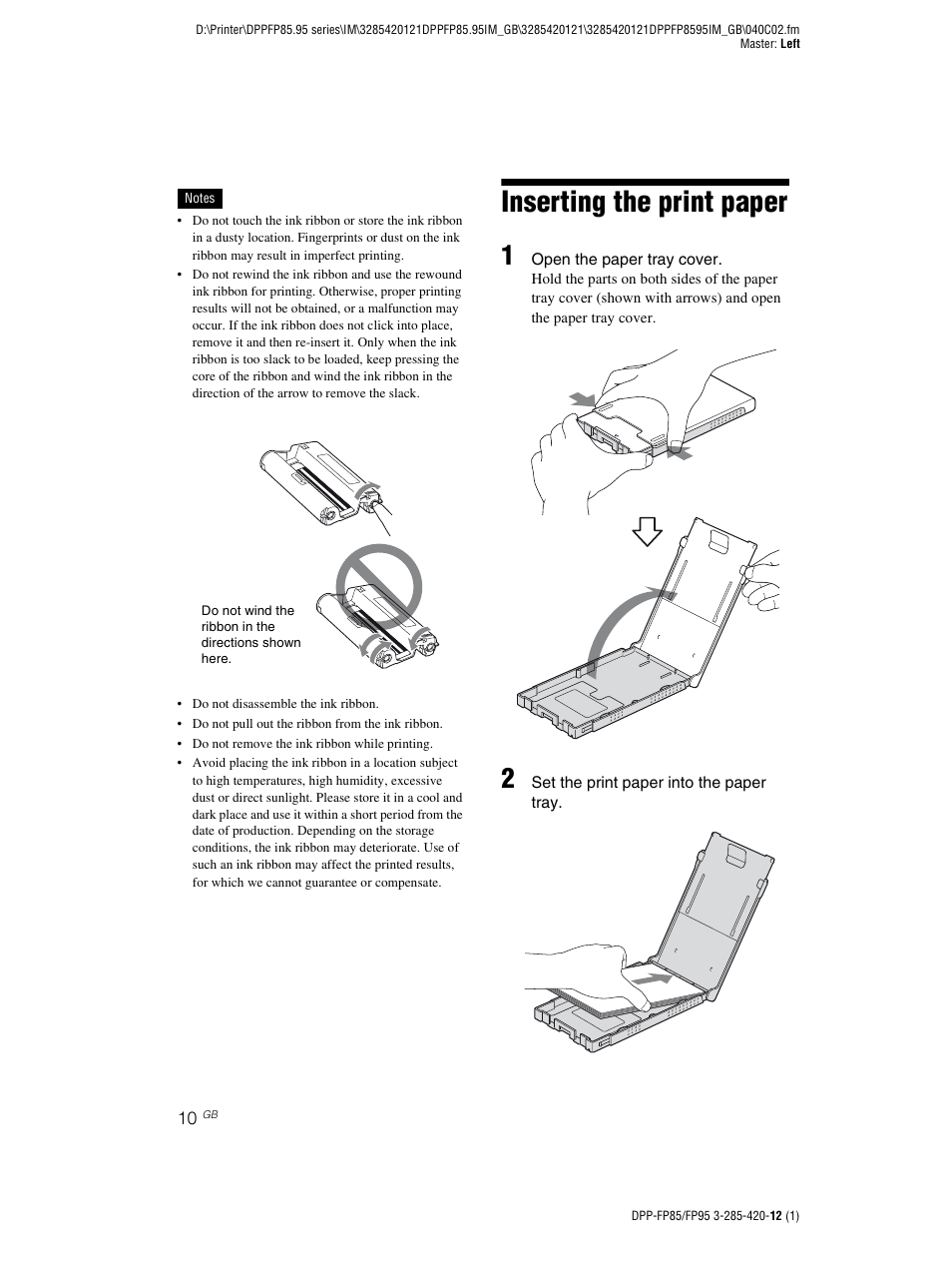 Inserting the print paper | Sony DPP-FP85 User Manual | Page 10 / 92