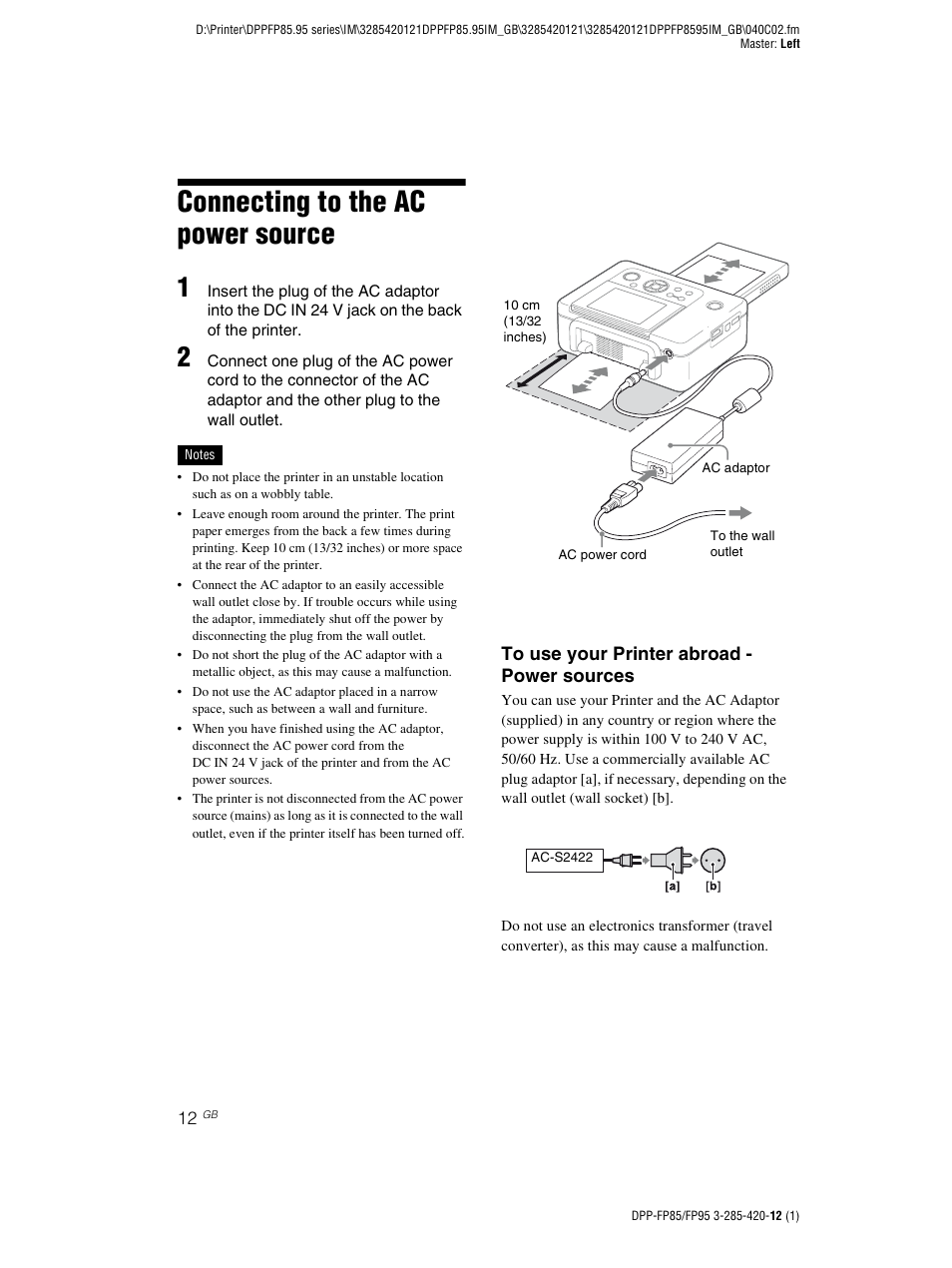 Connecting to the ac power source | Sony DPP-FP85 User Manual | Page 12 / 92