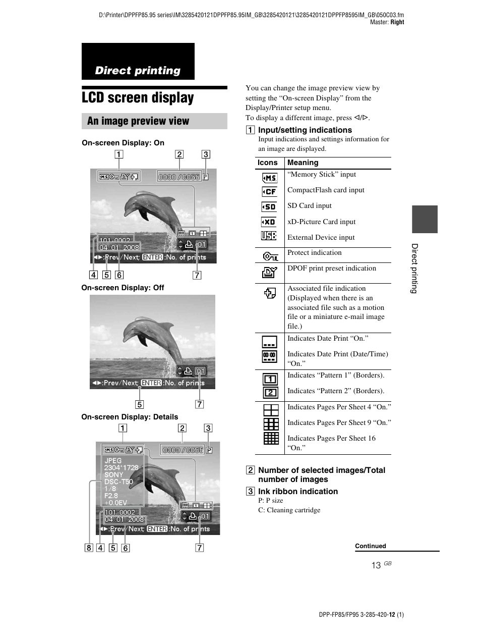 Direct printing, Lcd screen display, An image preview view | Sony DPP-FP85 User Manual | Page 13 / 92