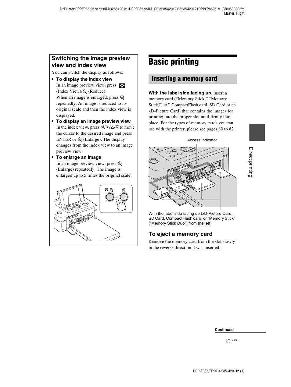 Basic printing, Inserting a memory card | Sony DPP-FP85 User Manual | Page 15 / 92