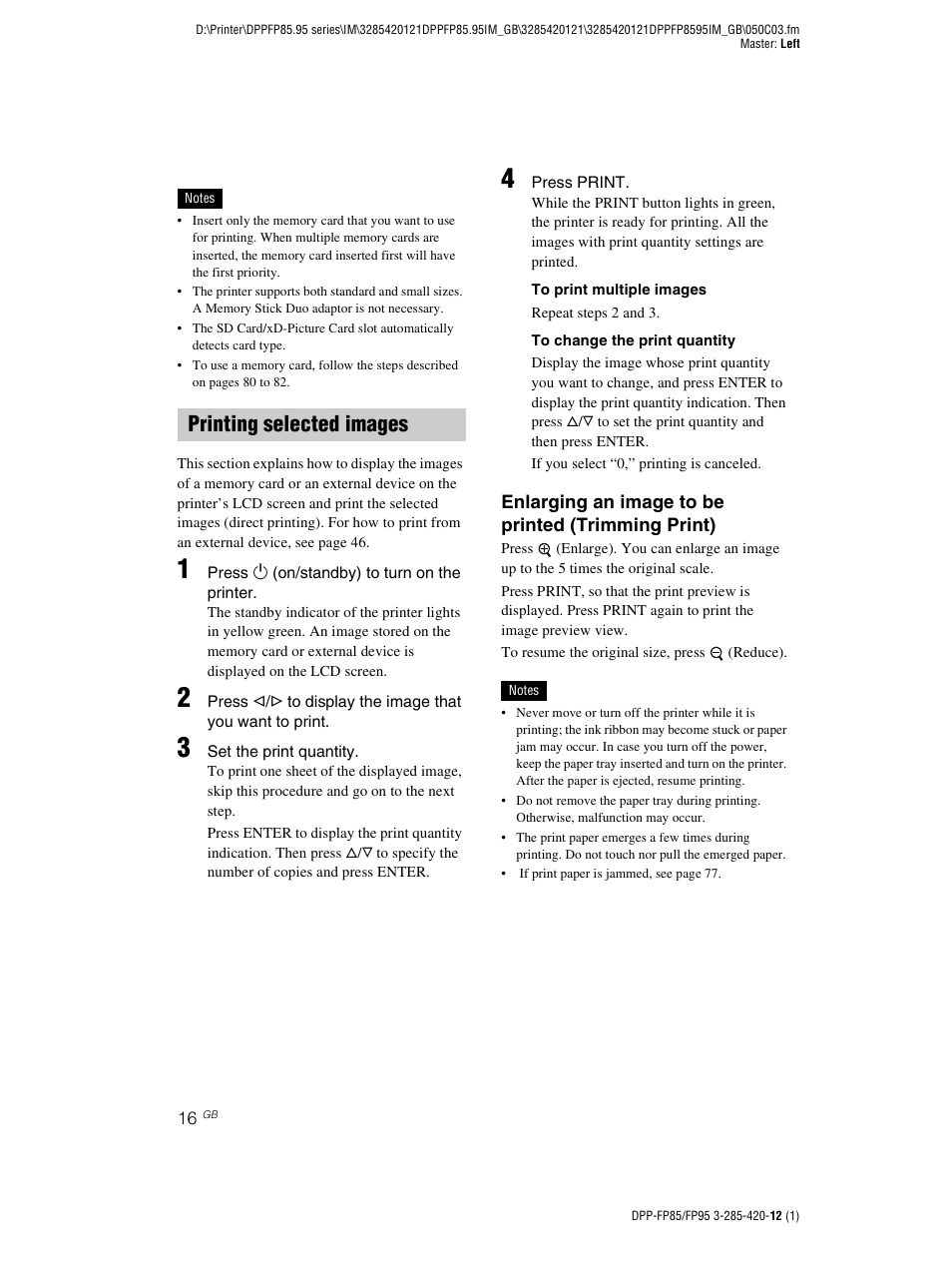 Printing selected images | Sony DPP-FP85 User Manual | Page 16 / 92