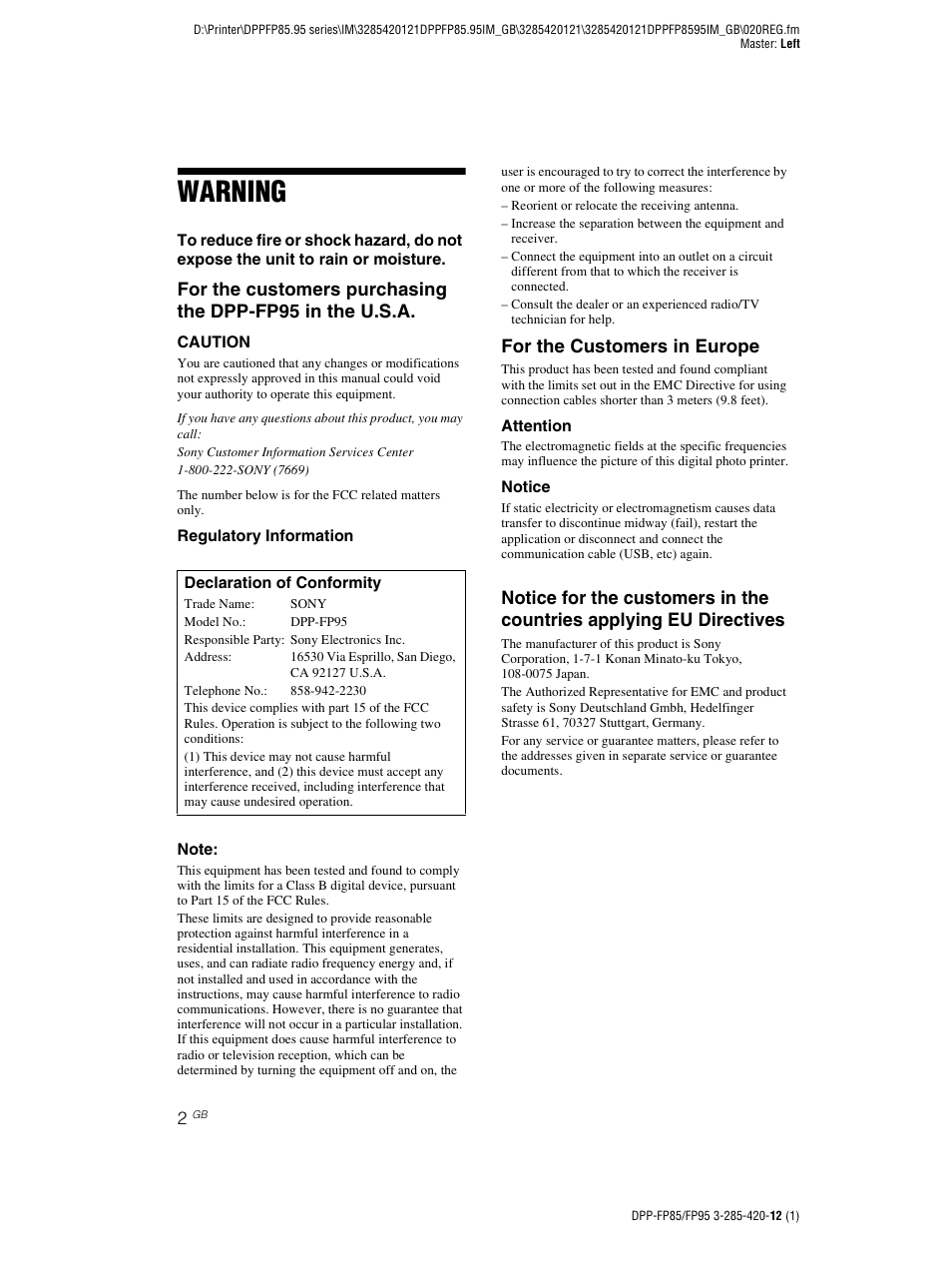 Warning, For the customers in europe | Sony DPP-FP85 User Manual | Page 2 / 92