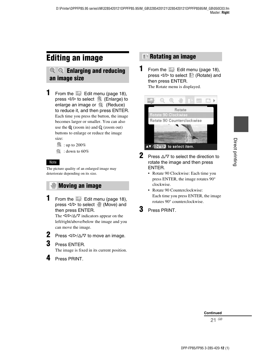 Editing an image, Enlarging and reducing an image size, Moving an image | Rotating an image | Sony DPP-FP85 User Manual | Page 21 / 92