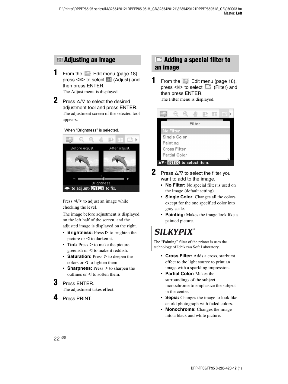 Adjusting an image, Adding a special filter to an image | Sony DPP-FP85 User Manual | Page 22 / 92