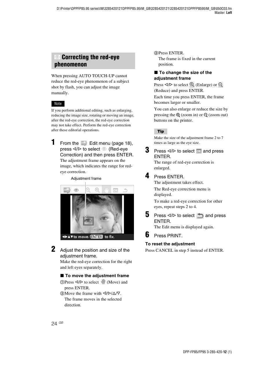 Correcting the red-eye phenomenon | Sony DPP-FP85 User Manual | Page 24 / 92