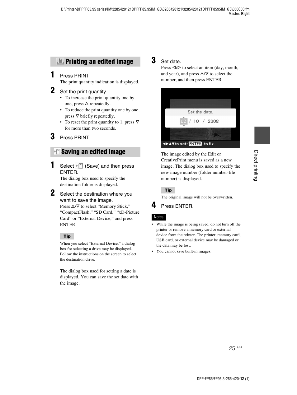 Printing an edited image, Saving an edited image, Printing an edited image saving an edited image | Sony DPP-FP85 User Manual | Page 25 / 92