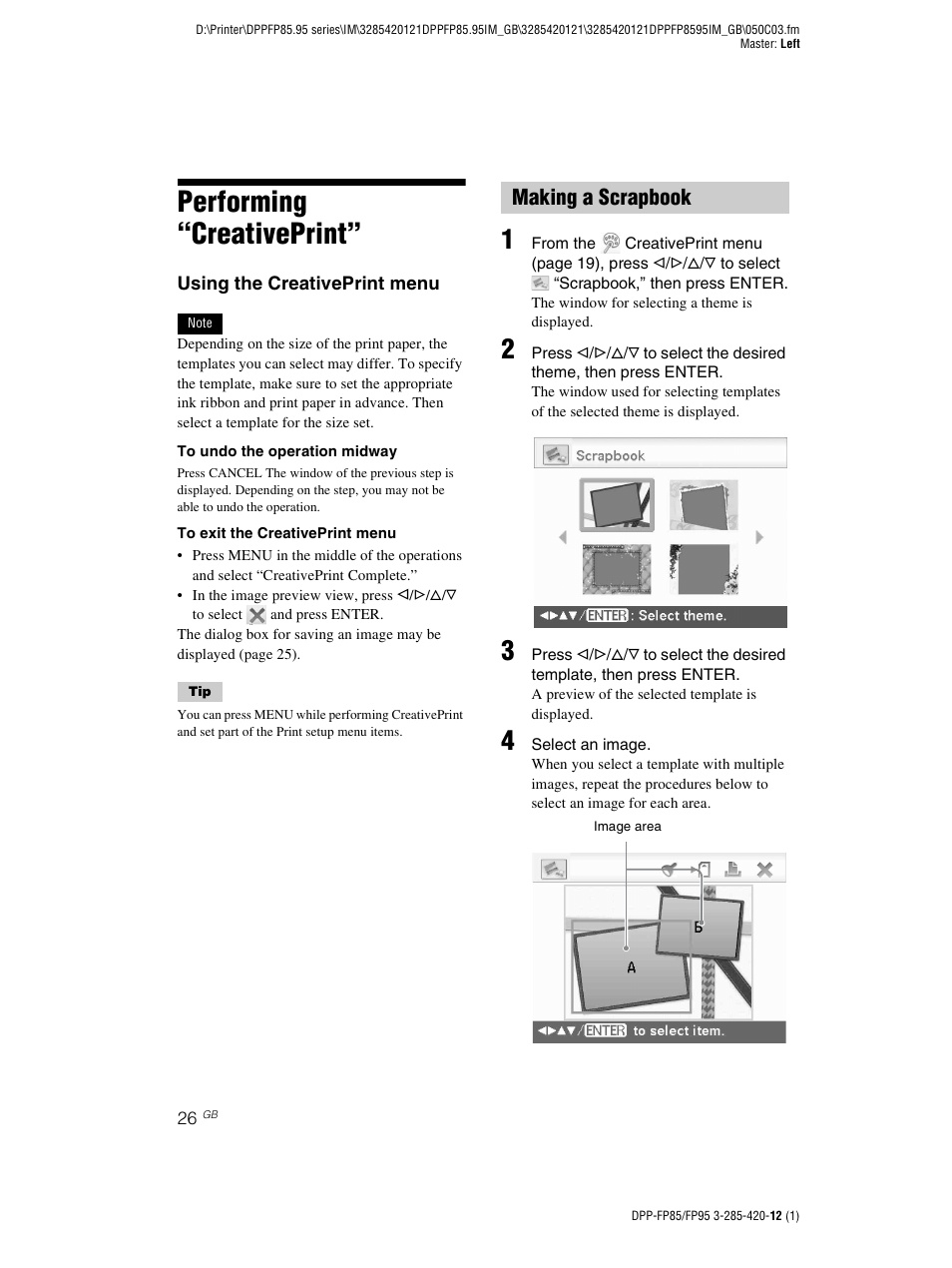 Performing “creativeprint, Making a scrapbook | Sony DPP-FP85 User Manual | Page 26 / 92