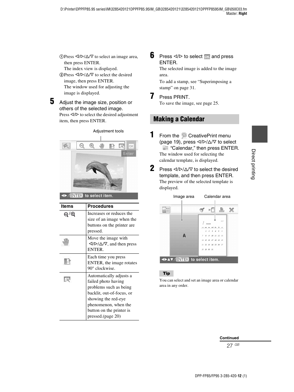 Making a calendar | Sony DPP-FP85 User Manual | Page 27 / 92