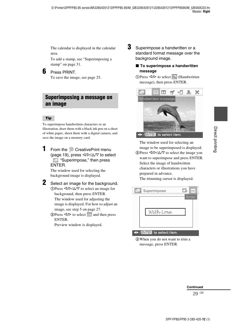 Superimposing a message on an image | Sony DPP-FP85 User Manual | Page 29 / 92