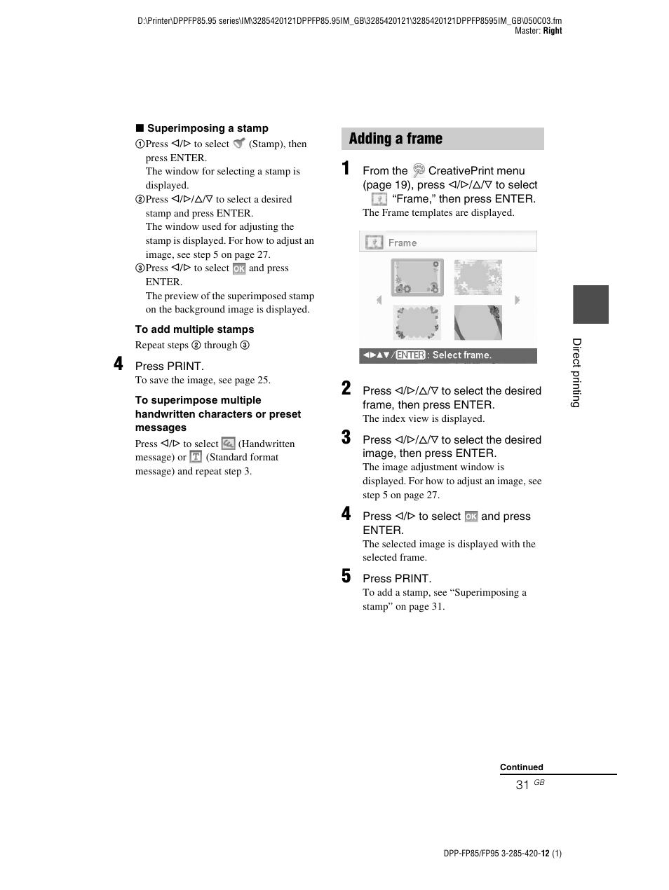 Adding a frame | Sony DPP-FP85 User Manual | Page 31 / 92