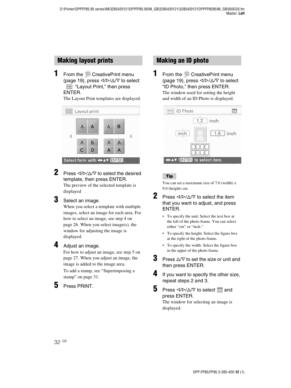 Making layout prints, Making an id photo, Making layout prints making an id photo | Sony DPP-FP85 User Manual | Page 32 / 92