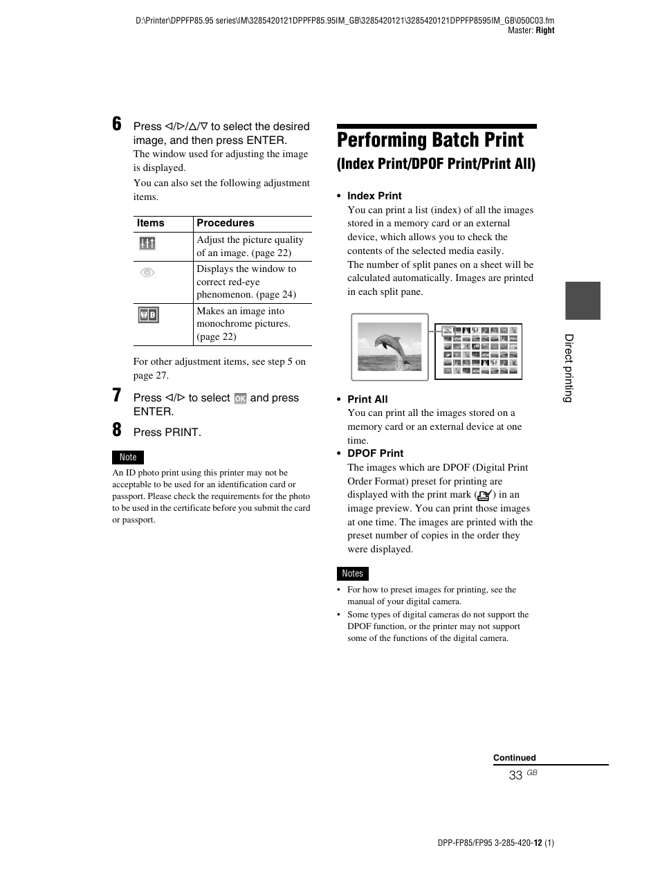 Performing batch print, Index print/dpof print/print all) | Sony DPP-FP85 User Manual | Page 33 / 92