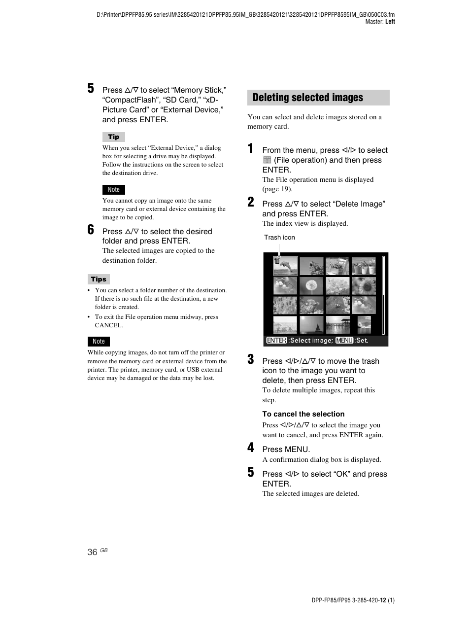 Deleting selected images | Sony DPP-FP85 User Manual | Page 36 / 92