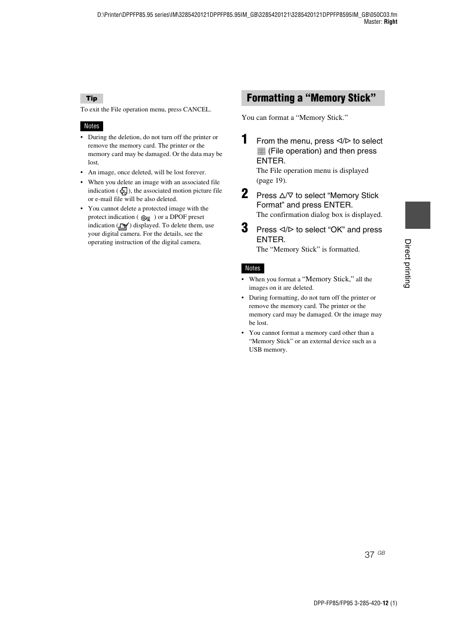 Formatting a “memory stick | Sony DPP-FP85 User Manual | Page 37 / 92