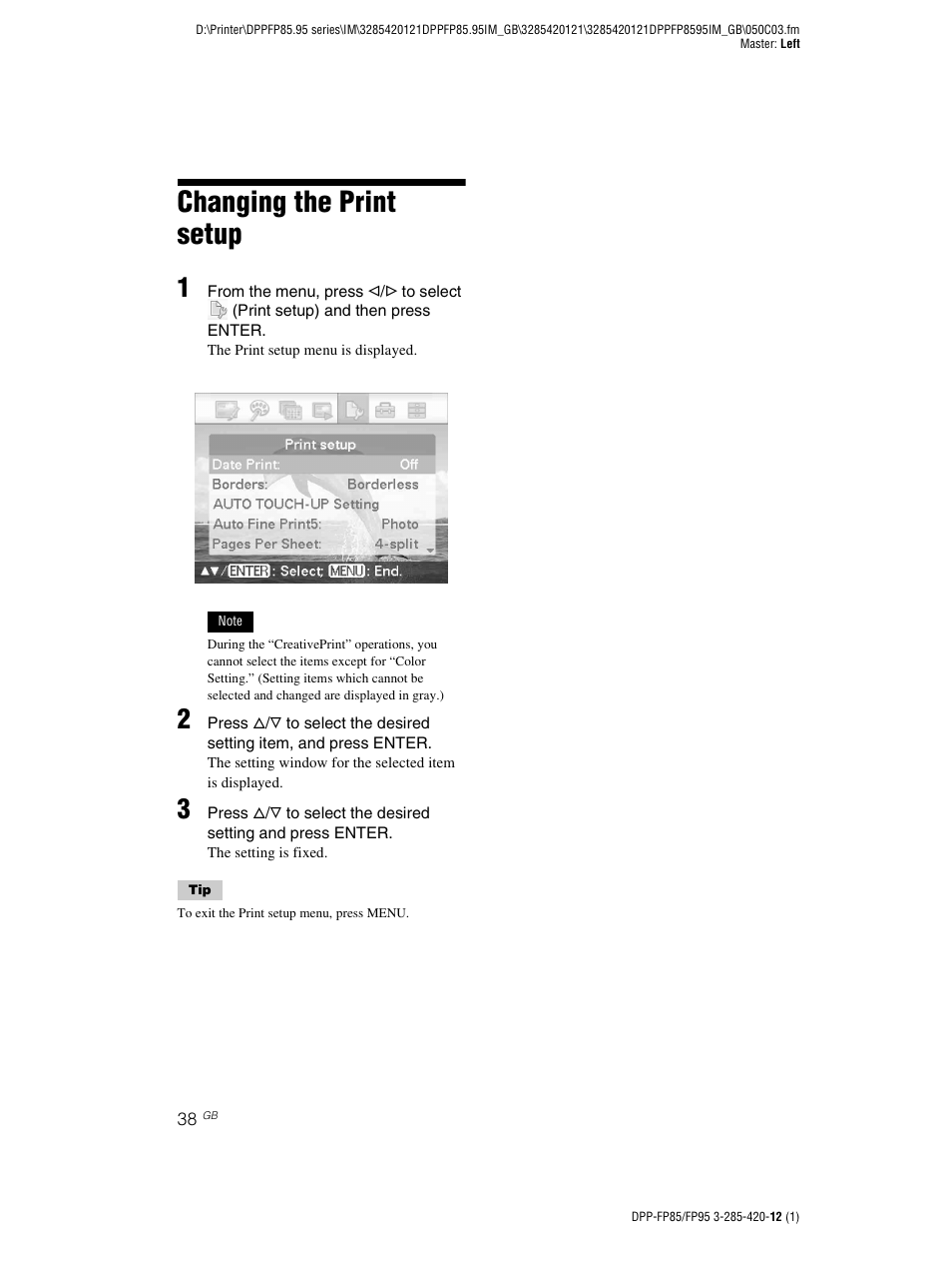 Changing the print setup | Sony DPP-FP85 User Manual | Page 38 / 92