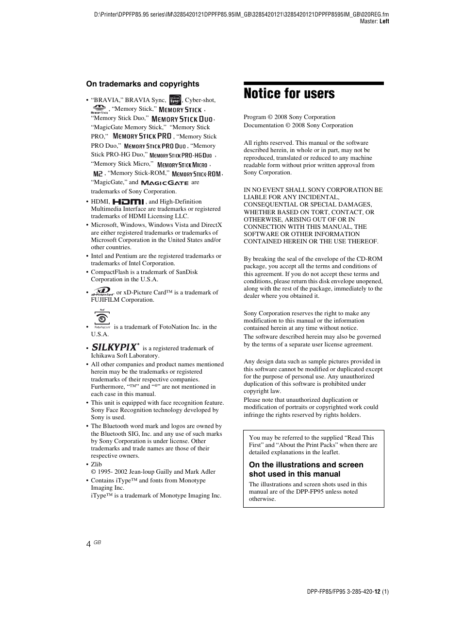 Notice for users | Sony DPP-FP85 User Manual | Page 4 / 92