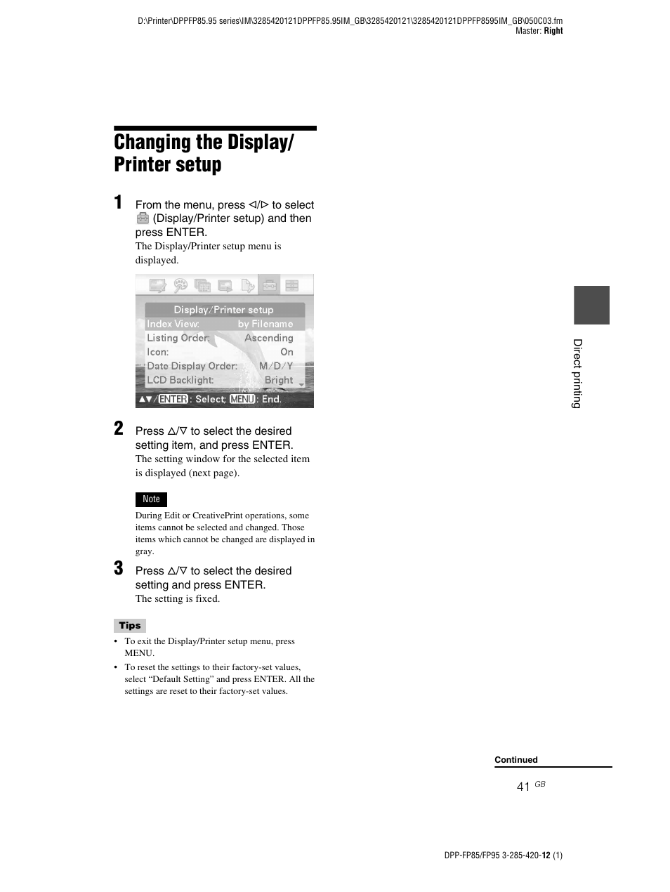 Changing the display/ printer setup, Changing the display/printer setup | Sony DPP-FP85 User Manual | Page 41 / 92