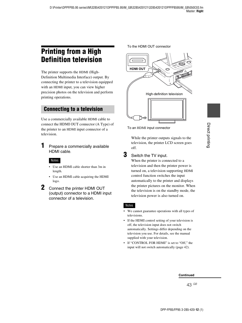 Printing from a high definition television, Connecting to a television | Sony DPP-FP85 User Manual | Page 43 / 92