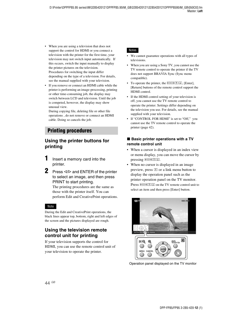 Printing procedures, Using the printer buttons for printing | Sony DPP-FP85 User Manual | Page 44 / 92