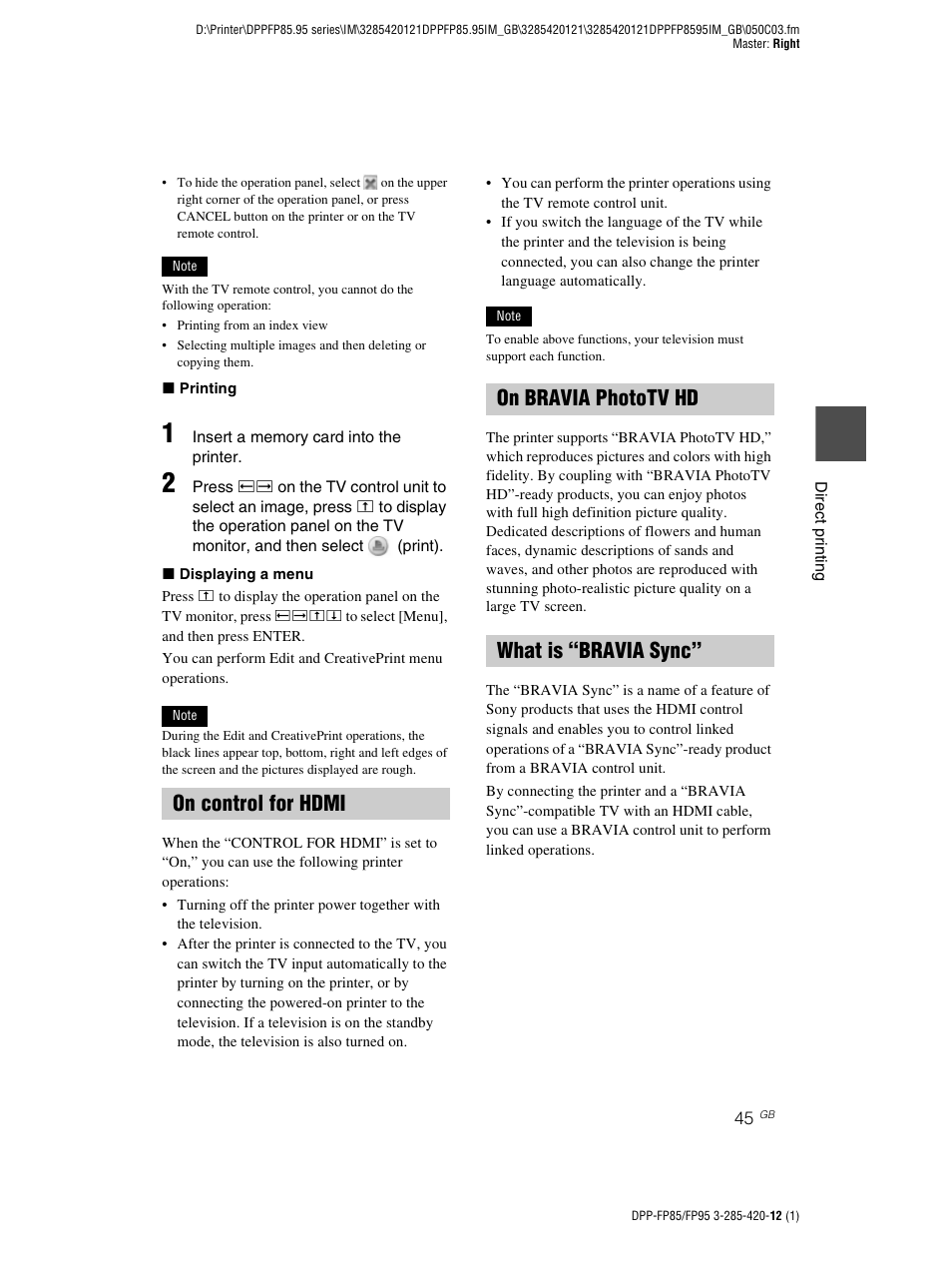 On control for hdmi, On bravia phototv hd, What is “bravia sync | Sony DPP-FP85 User Manual | Page 45 / 92