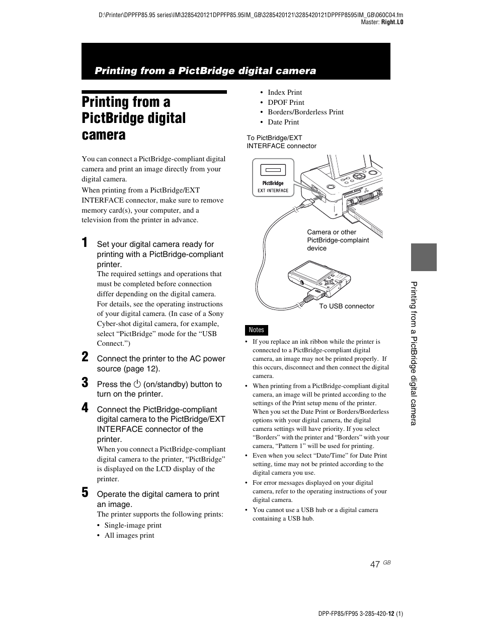 Printing from a pictbridge digital camera | Sony DPP-FP85 User Manual | Page 47 / 92