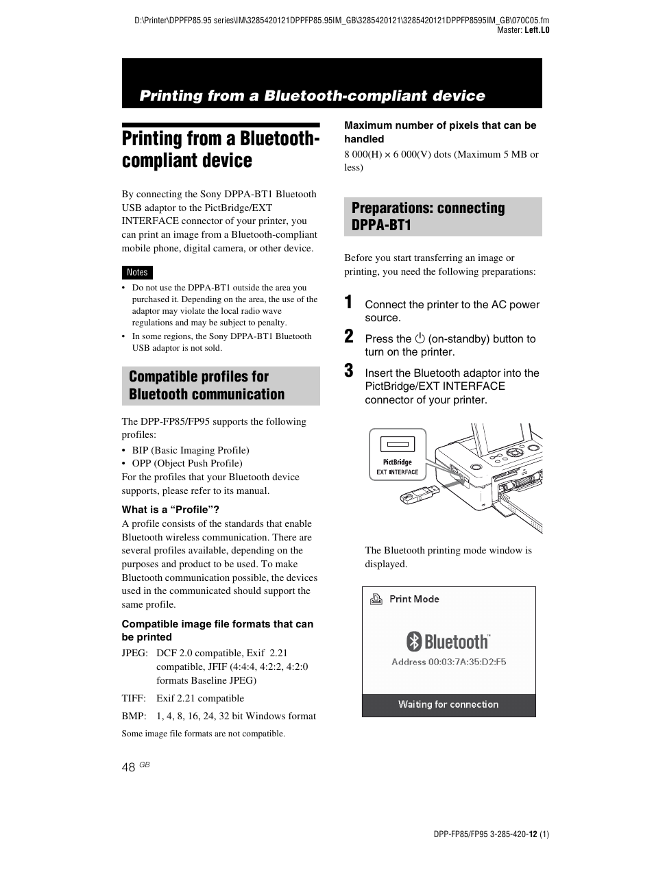 Printing from a bluetooth-compliant device, Printing from a bluetooth- compliant device, Compatible profiles for bluetooth communication | Preparations: connecting dppa-bt1 | Sony DPP-FP85 User Manual | Page 48 / 92