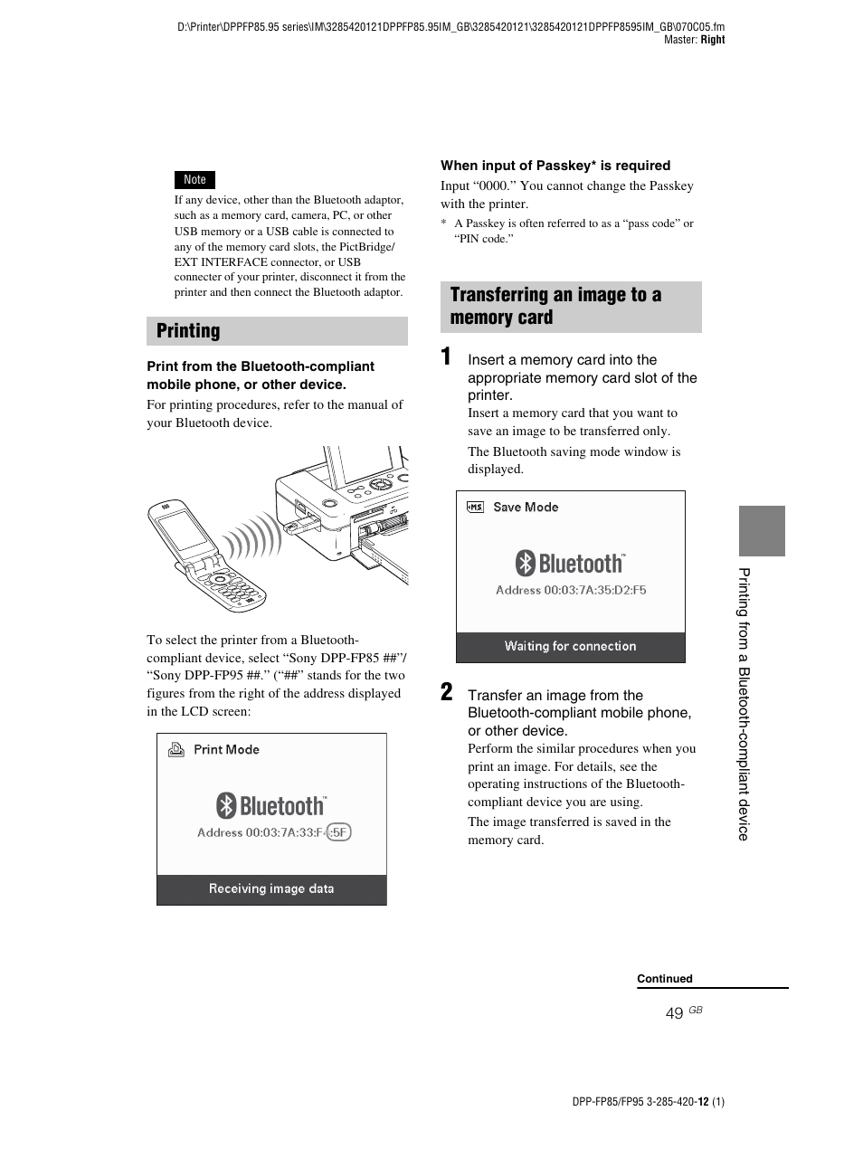 Printing, Transferring an image to a memory card, Printing transferring an image to a memory card | Sony DPP-FP85 User Manual | Page 49 / 92