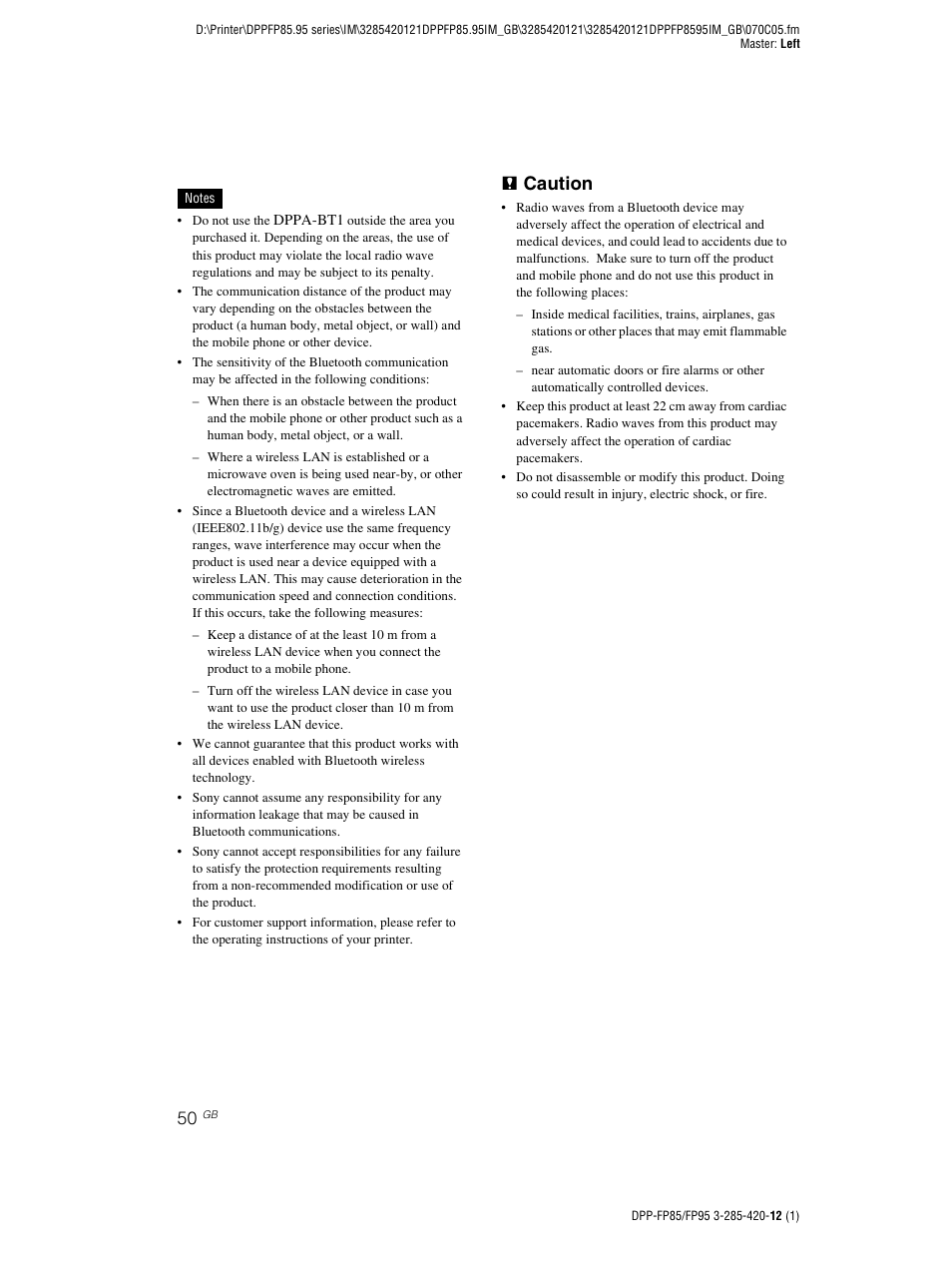 P caution | Sony DPP-FP85 User Manual | Page 50 / 92