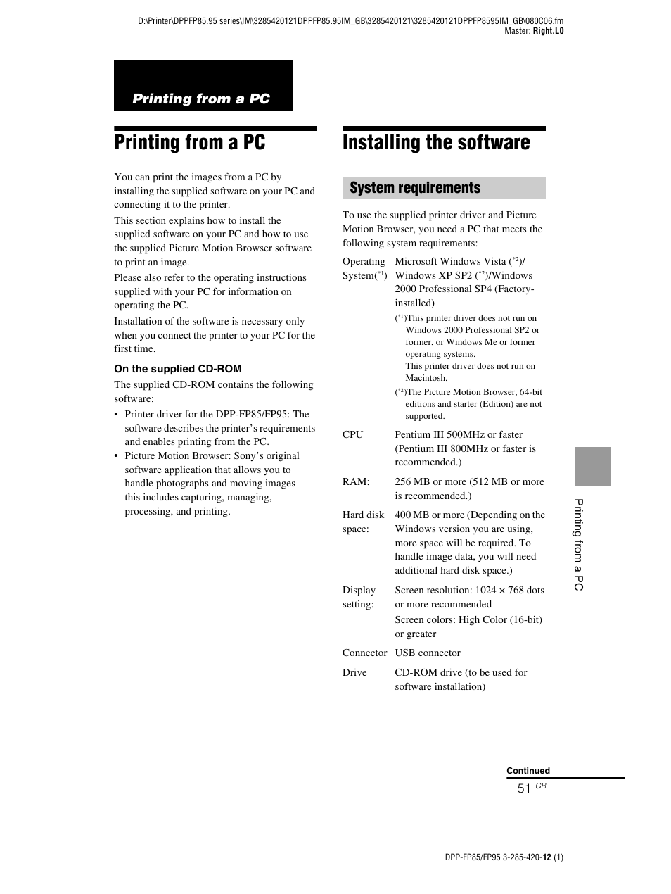 Printing from a pc, Installing the software, System requirements | Sony DPP-FP85 User Manual | Page 51 / 92