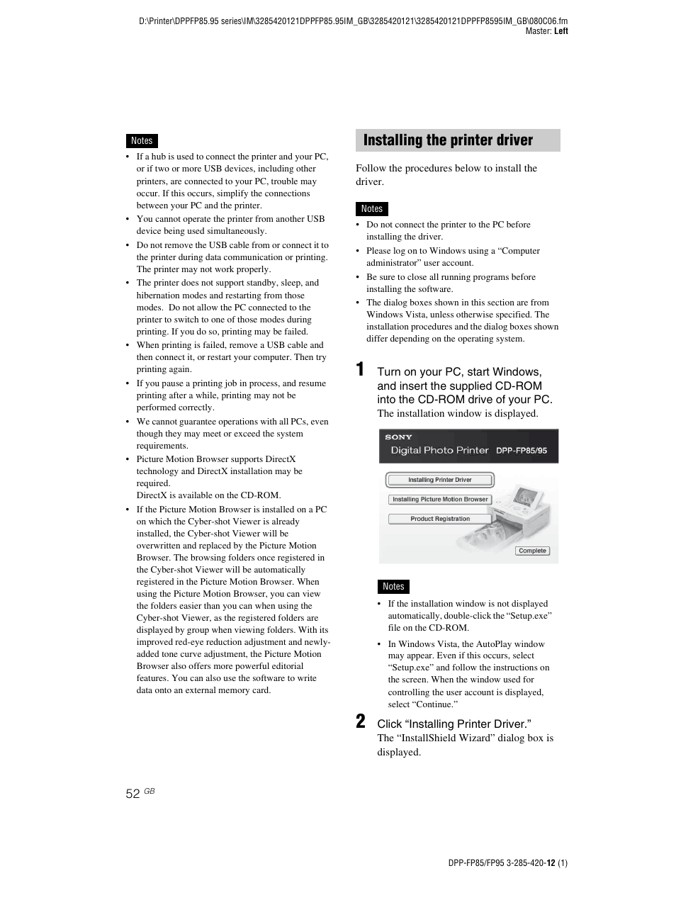 Installing the printer driver | Sony DPP-FP85 User Manual | Page 52 / 92