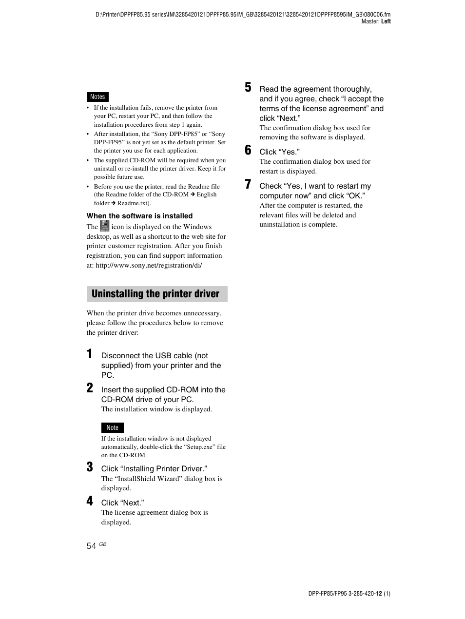 Uninstalling the printer driver | Sony DPP-FP85 User Manual | Page 54 / 92