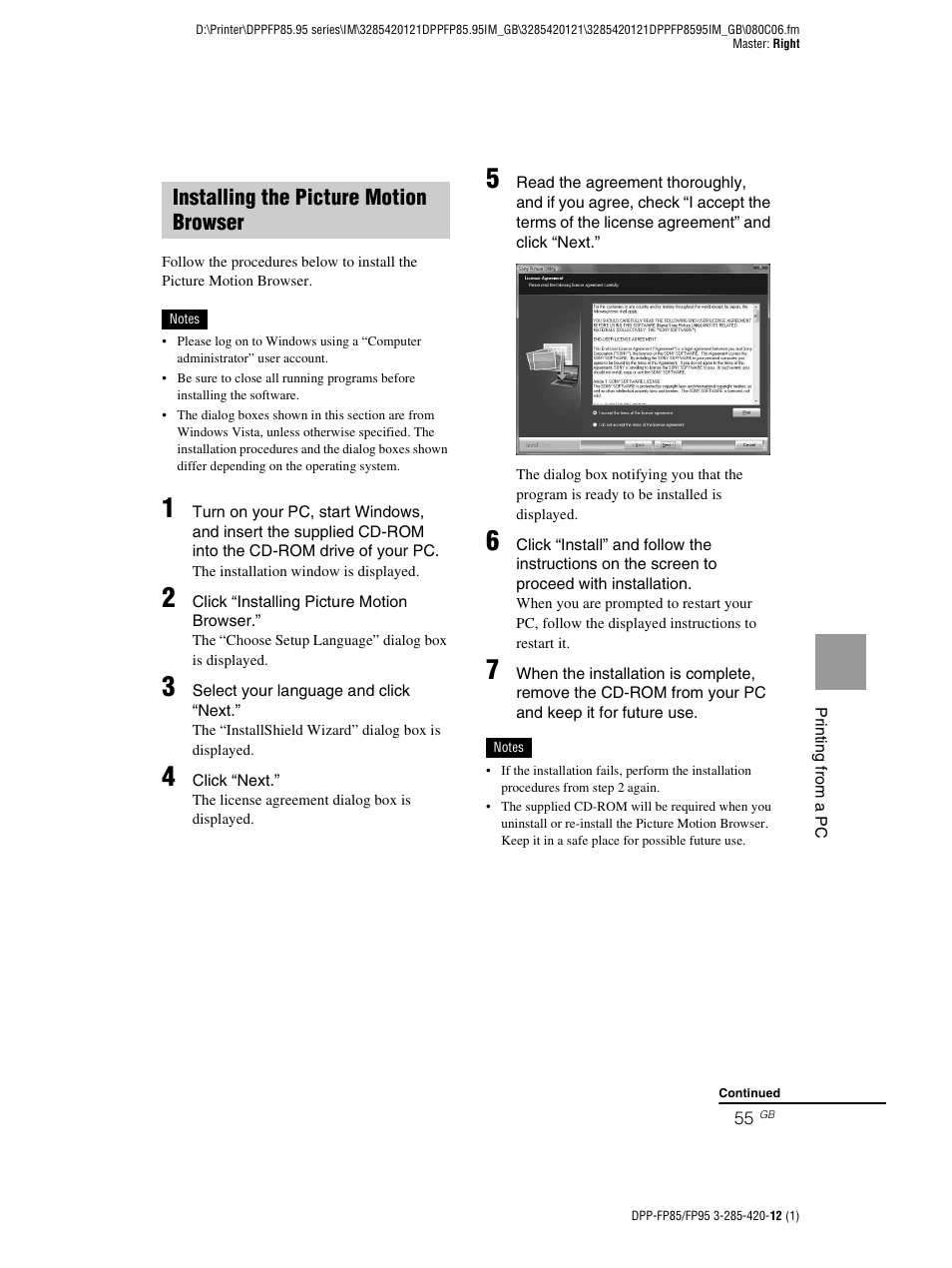 Installing the picture motion browser | Sony DPP-FP85 User Manual | Page 55 / 92